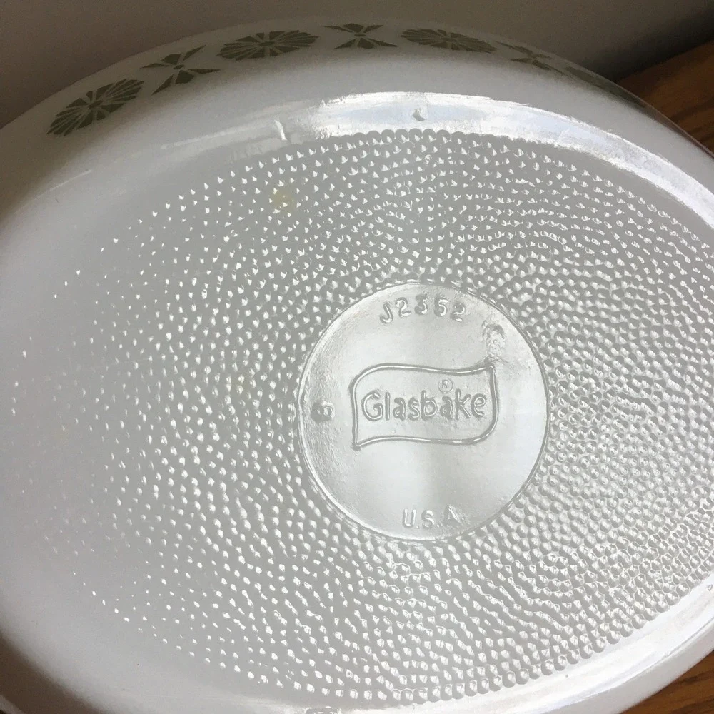 Glasbake Divided Serving Dish 12in‎ White Excellent Green Pinwheel Fan J2352 MCM